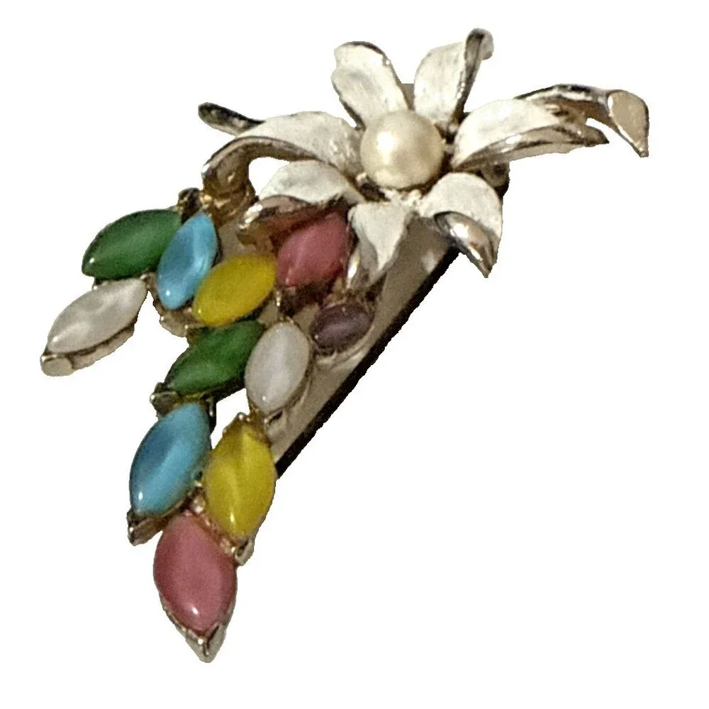 Vintage Floral Brooch Purple Pink Blue Yellow Cabochon White Enamel Pin 2.5